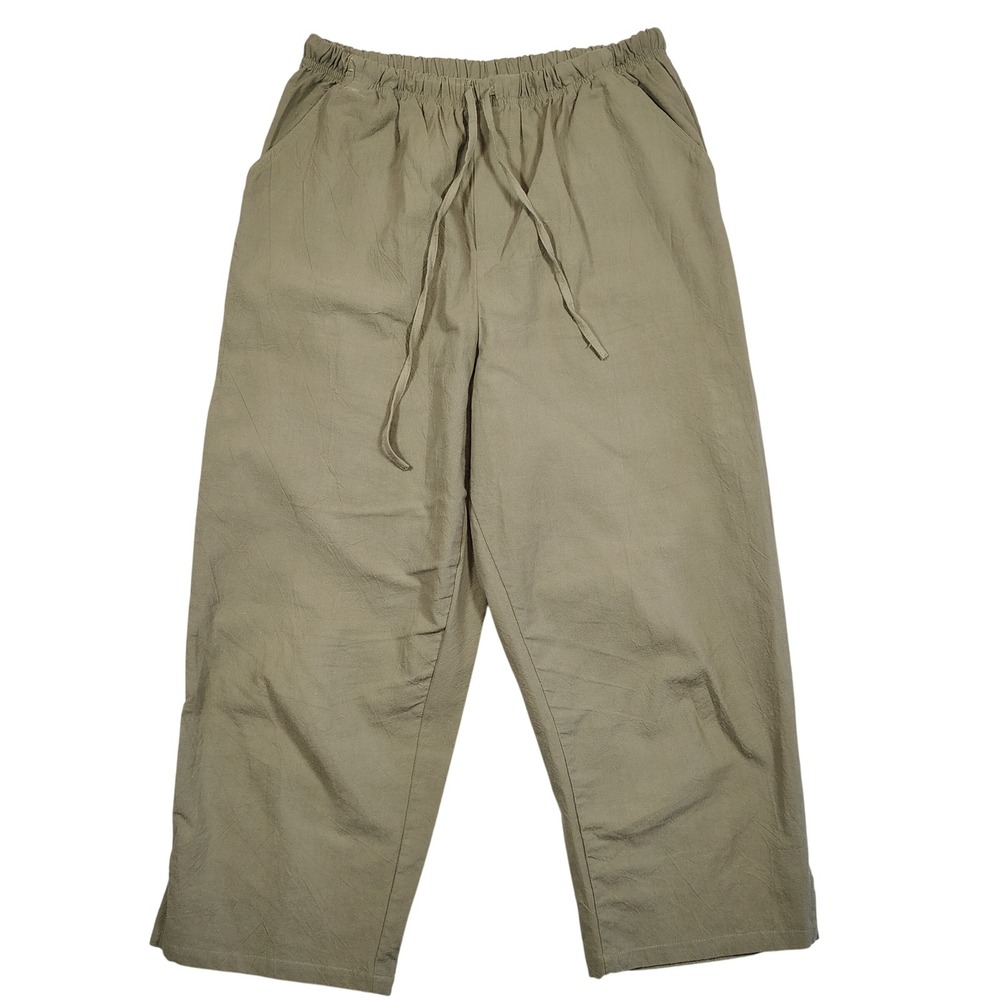 Bobbie Brooks Pants Women L 12/14 Olive Green Wide‎ Leg Drawstring Cotton Woven